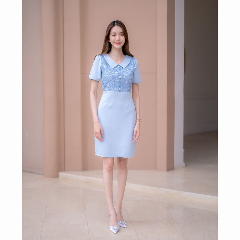 kudapy เดรสสั้นสีชมพู/สีฟ้า ผ้าทออกลูกไม้ ใส่ออกงานสวยดูดี น่ารัก