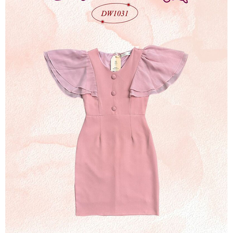 kudapy เดรสสั้นสีม่วง/สีชมพู/สีกรม สทรงเข้ารูป แต่งผ้าชีฟองช่วงแขน คอวี สีสุภาพซิปซ่อนด้านหลัง