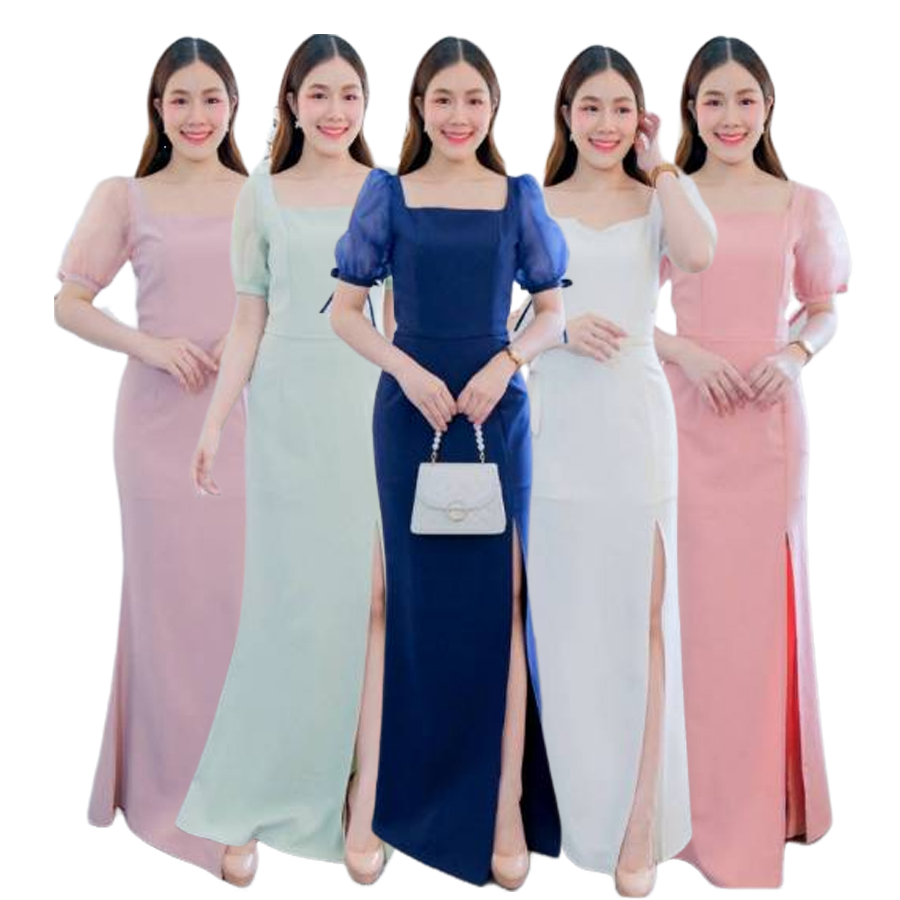 kudapy เดรสยาวสีน้ำเงิน/สีขาว/สีชมพูเข้ม/สีชมพูอ่อน/สีเขียวอ่อน/สีครีม เดรสยาวผ้าไหมซาติน แขนตุ๊กตาสั้นคอลูก ใส่เปิดไหล่ สวยดูดี เดรสออกงาน