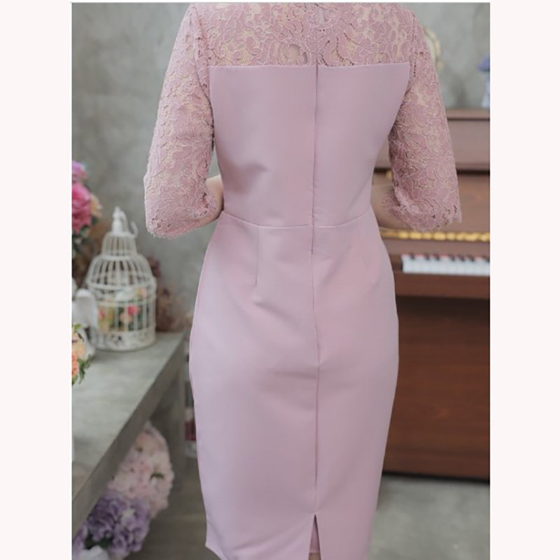 kudapy เดรสสั้นผ้าลูกไม้สีฟ้าอมเทา/ชมพูกะปิ/น้ำเงินเข้ม แขนสามส่วน ไหล่และแขนเย็บแต่งลูกไม้