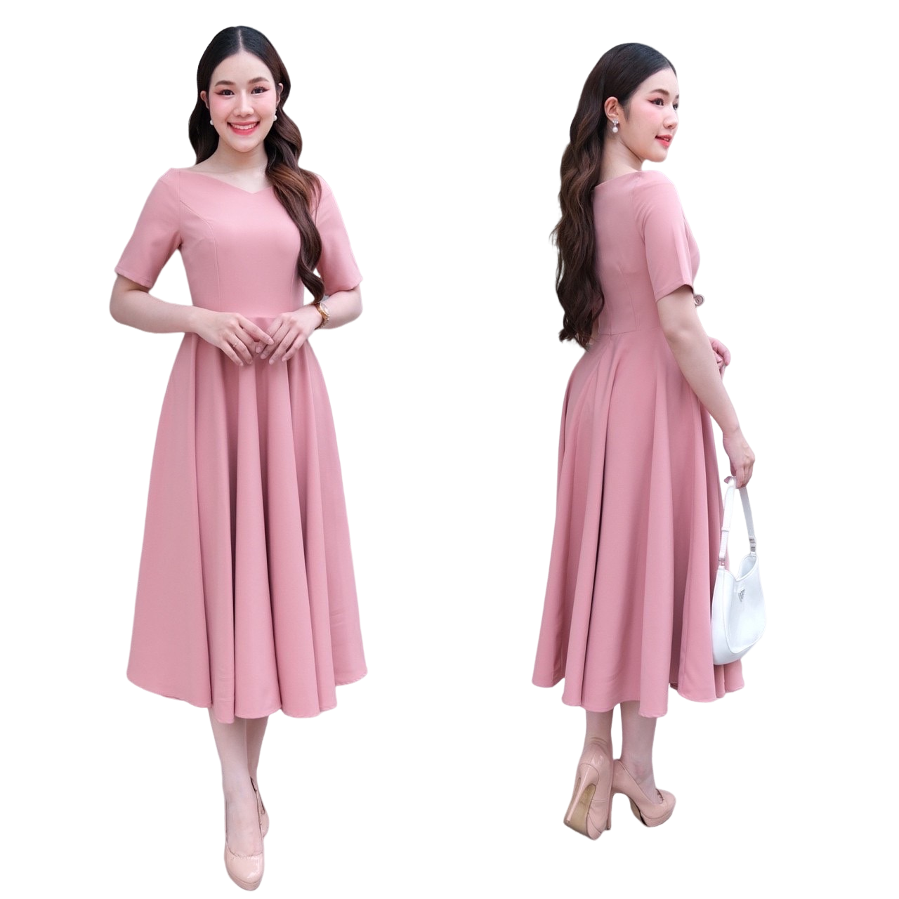 kudapy เดรสสั้นสีขาว/สีชมพูอ่อน/สีชมพูเข้ม/สีเขียวมิ้นท์ แขนสั้น คอปาด กระโปรงบาน สวยใส่สบาย