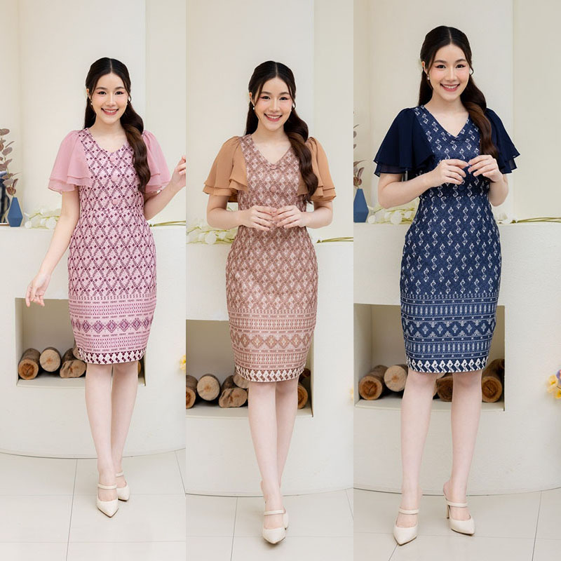 kudapy เดรสสั้นสีชมพู/สีน้ำตาล/สีกรม ผ้าไทยแขนระบาย ผ้าพิมพ์ลายไทย