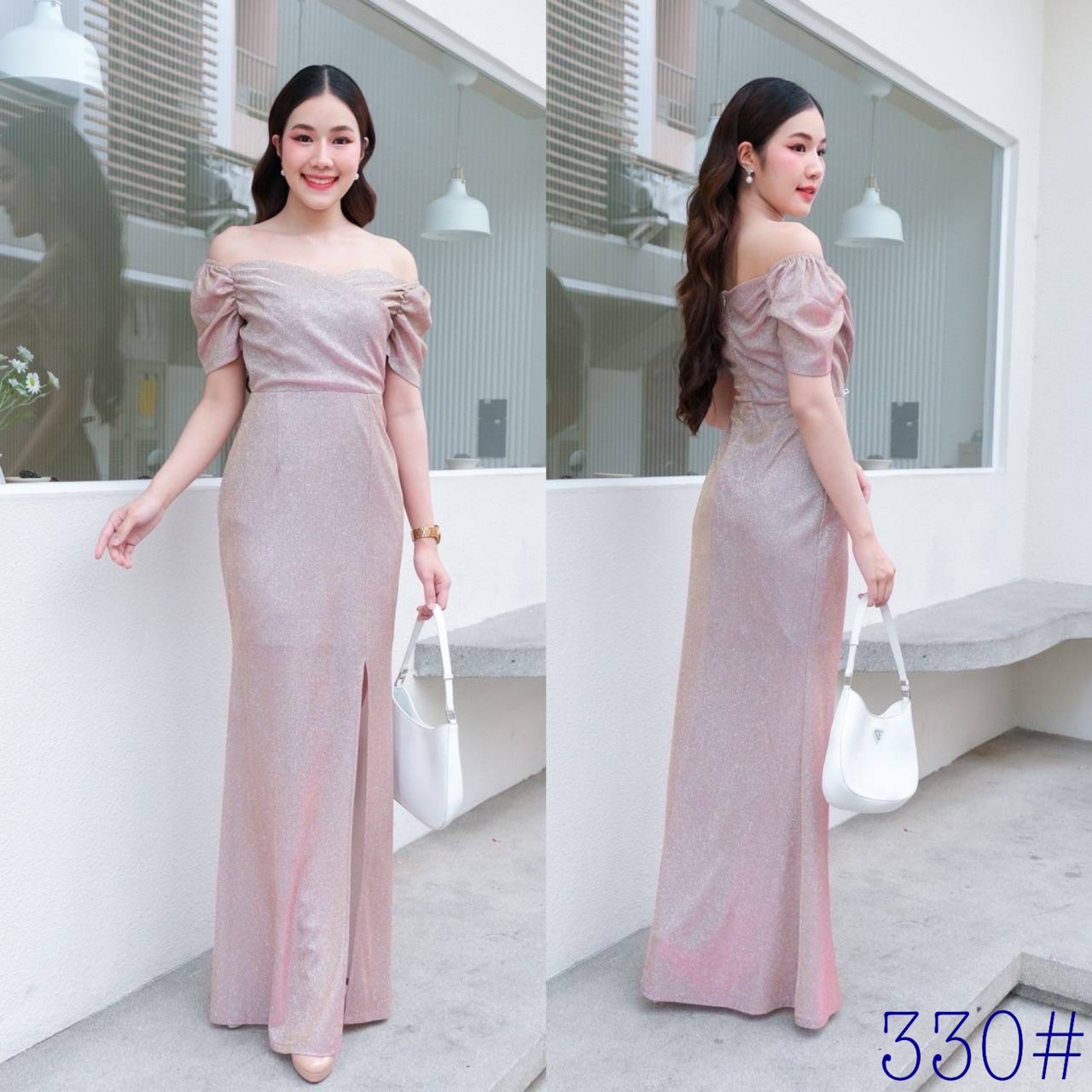 kudapy เดรสยาวสีชมพู/สีเงิน/สีทอง แขนสั้นจีบทิวลิป เปิดบ่า แขนสั้นคอเหลี่ยม กระโปรงหางปลาผ่าหน้า