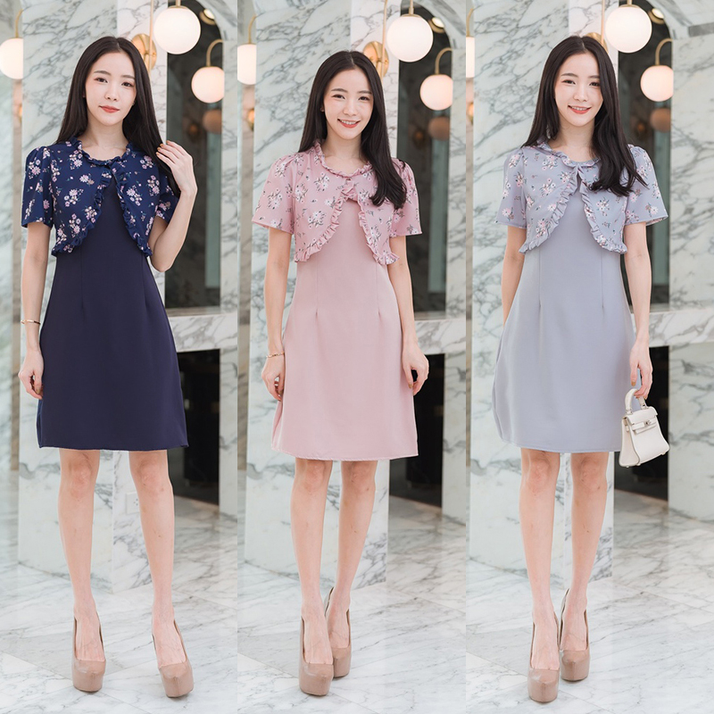 kudapy เดรสสั้นทำงาน แขนพิมพ์ลายสีกรม/สีชมพู/สีเทา คอระบายเสื้อลายดอกไม้