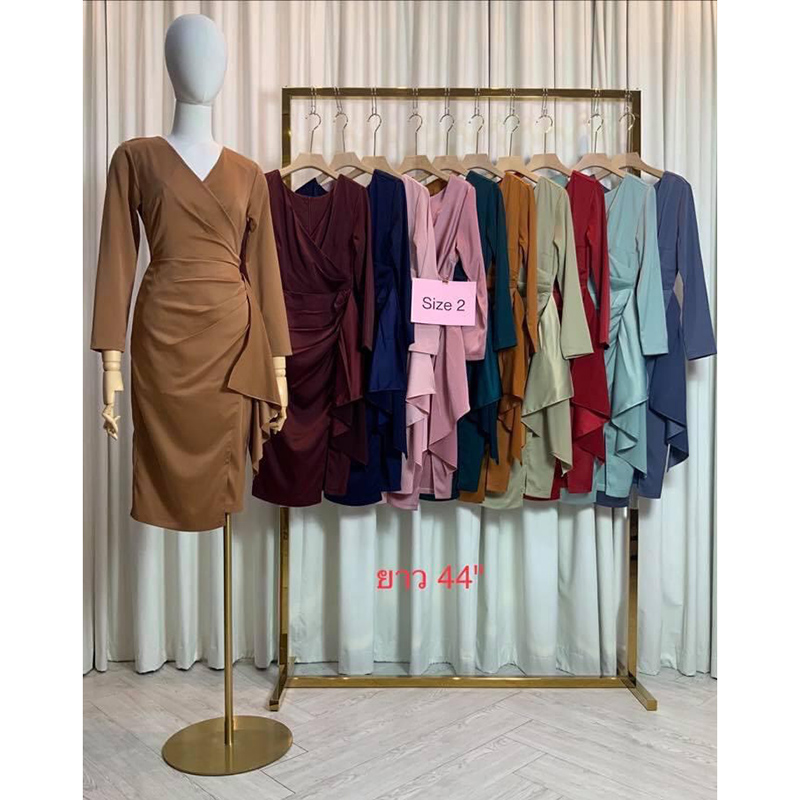 kudapy เดรสสั้นออกงาน แขนยาว กปสั่นจีบระบายข้าง ผ้าเครปซาติน