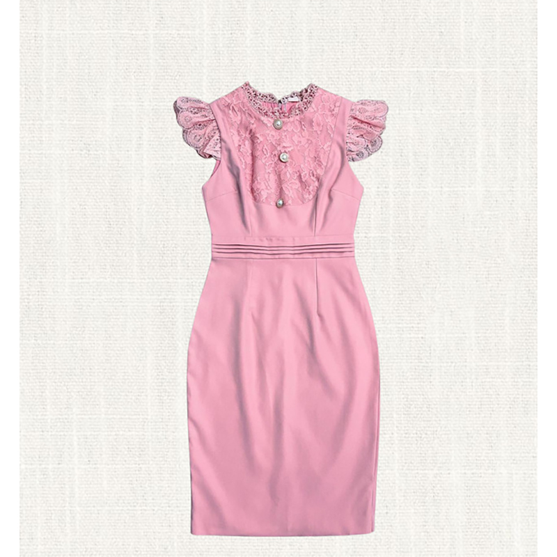 kudapy เดรสสั้นสีขาว/สีชมพู กระโปรงเข้ารูปแขนกุดระบายลูกไม้