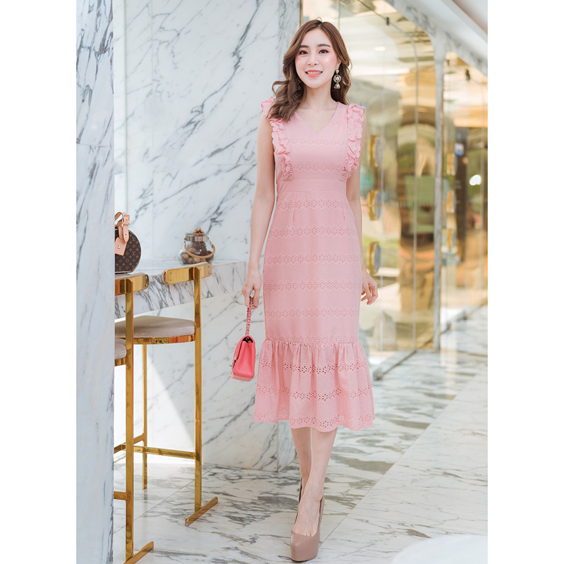 kudapy เดรสสั้นสีชมพู ผ้าฉลุอกระบายใส่งานปาร์ตี้สวยดูดี XL 2XL