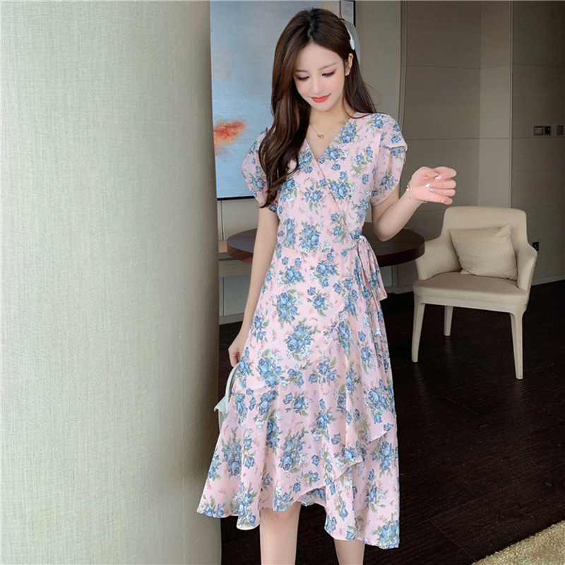 kudapy ชุดเดรสสีฟ้าอมเขียว,สีชมพู ใส่ทำงาน ผ้าชีฟองพื้น พิมพ์ลายดอกกุหลาบ