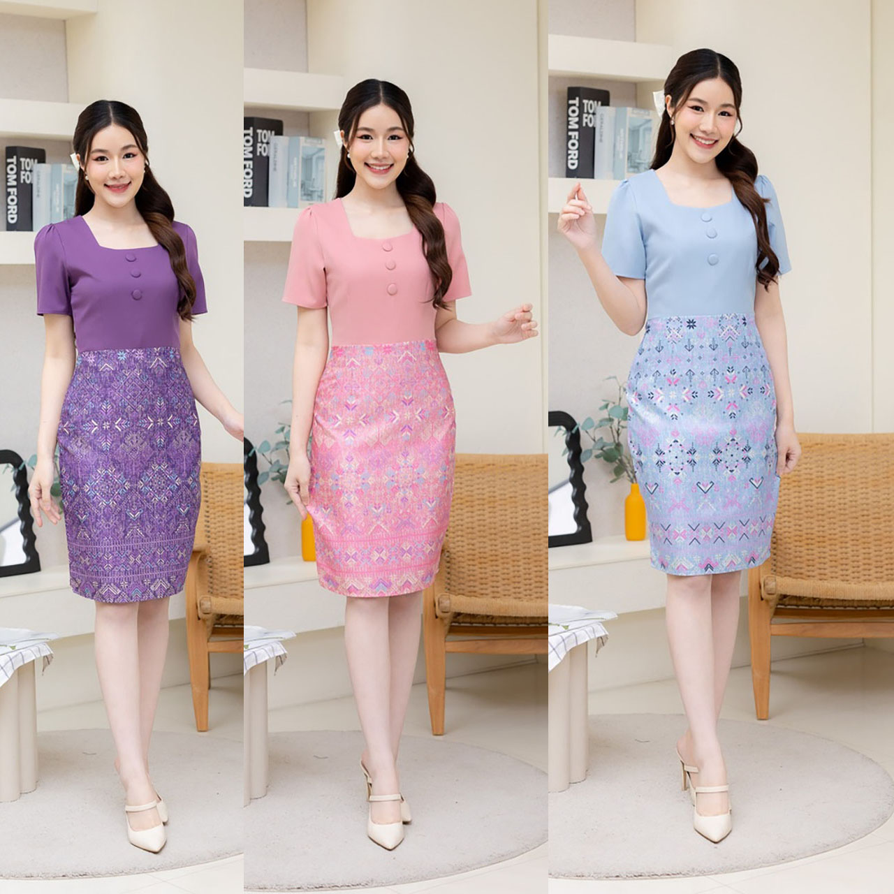 kudapy เดรสสั้นสีฟ้า/สีชมพู/สีม่วง คอเหลี่ยมกระโปรงลายไทย