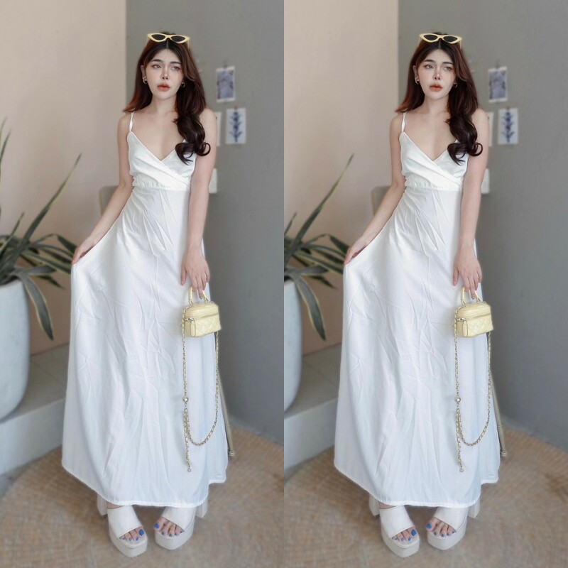 kudapy เดรสยาวสายเดี่ยวผูกโบว์หลัง ผ้าไหมอิตาลี่ สีพื้น กระโปรงทรงบานฟรีไซต์สุดๆ ใส่เที่ยวชิวริมทะเล