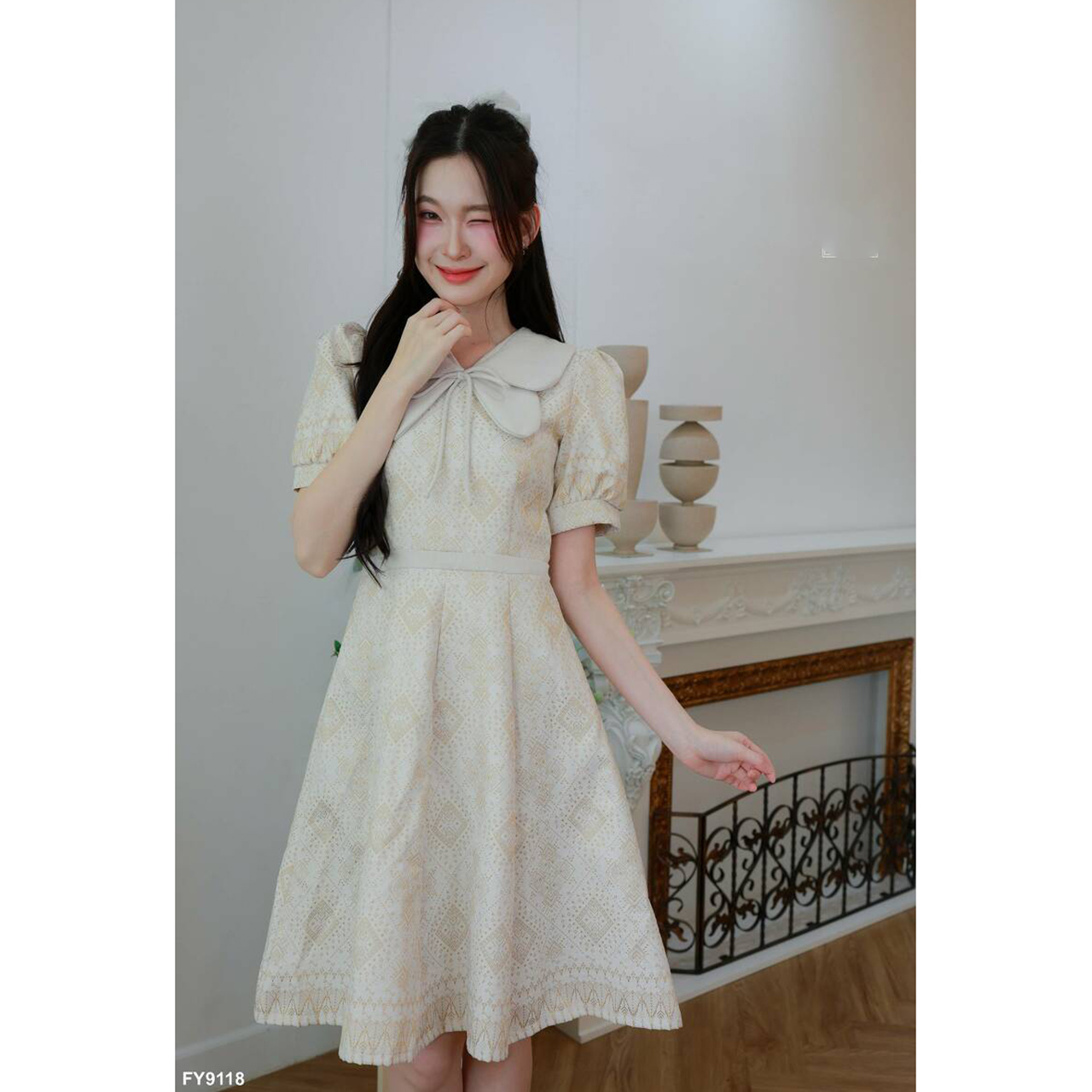 kudapy เดรสคอปกบัวผีเสื้อแขนตุ๊กตาพิมพ์ลาย