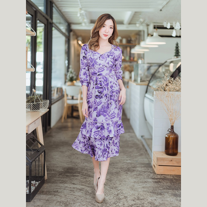 kudapyเดรสสั้นสีชมพู/ม่วง แขนยาวลายดอกไม้สวยดูดีน่ารัมากๆ