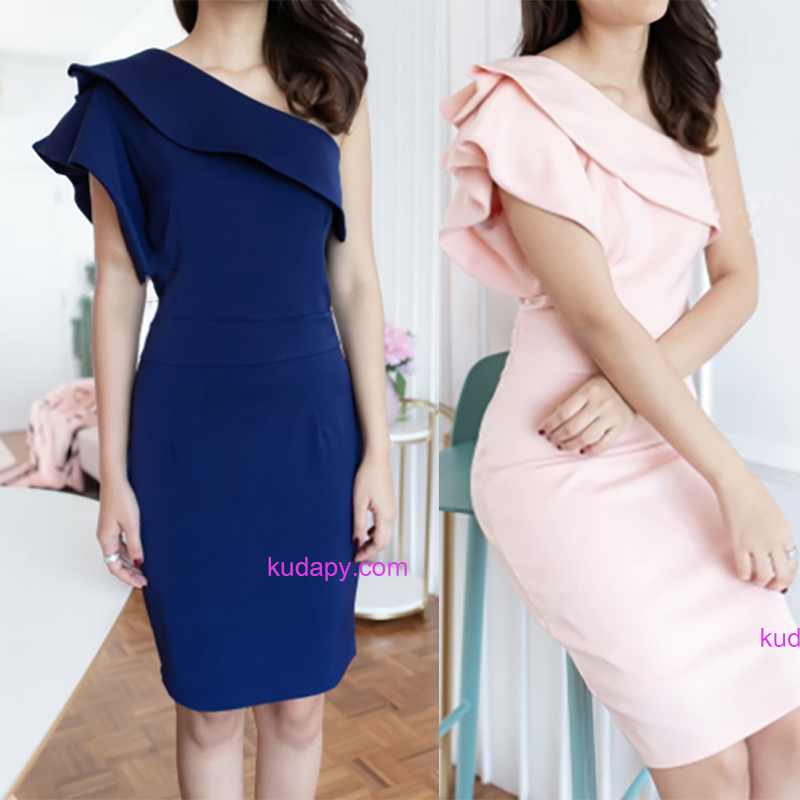 kudapy เดรสสั้นไหล่เดี่ยวสีกรมท่า,สีแดงไวน์ ,สีโอรส,สีฟ้า ผ้าฮานาโกะ เดรสสั้นออกงาน