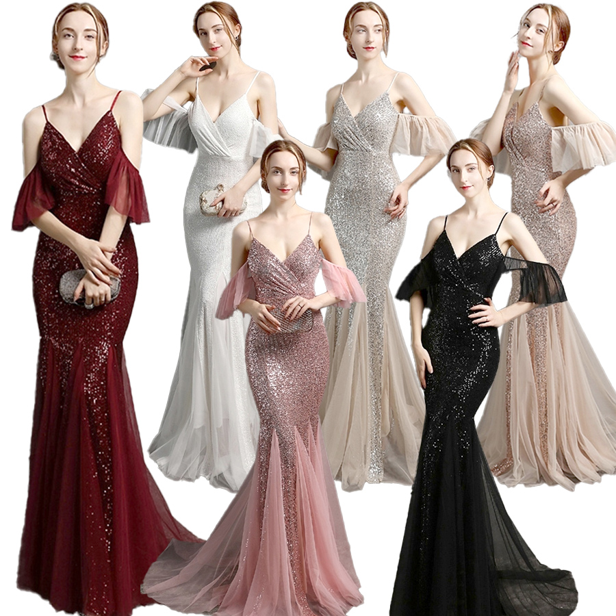 kudapy ชุดราตรียาวสีชมพู,สีดำ,สีครีมเทา,สีชมพูโรสโกลด์,สีแดง,สีขาวมุก ใส่ออกงาน สายเดี่ยวเกาะแขนเนื้อผ้าปักเลื่อม ผ้ายืดเข้ารูปตามตัว