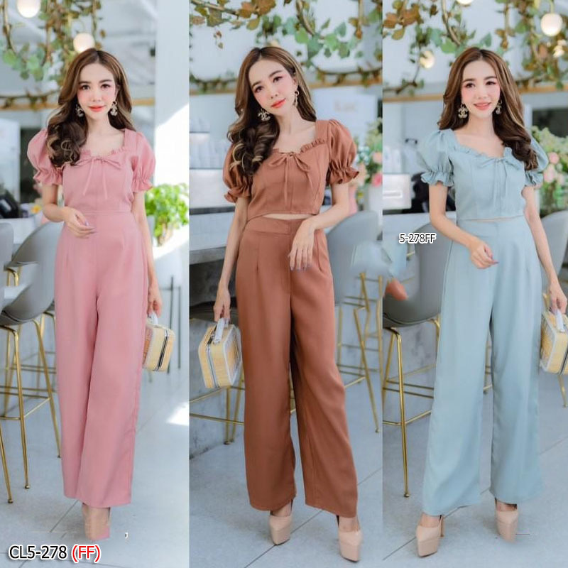 kudapy Set 2 ชิ้นสี ชมพู น้ำตาล เขียว เสื้อแขนพองปลายแขนสม๊อค อกจับจีบผูกโบว์ มาพร้อมกางเกงขายาว สวยๆ เก๋ๆ