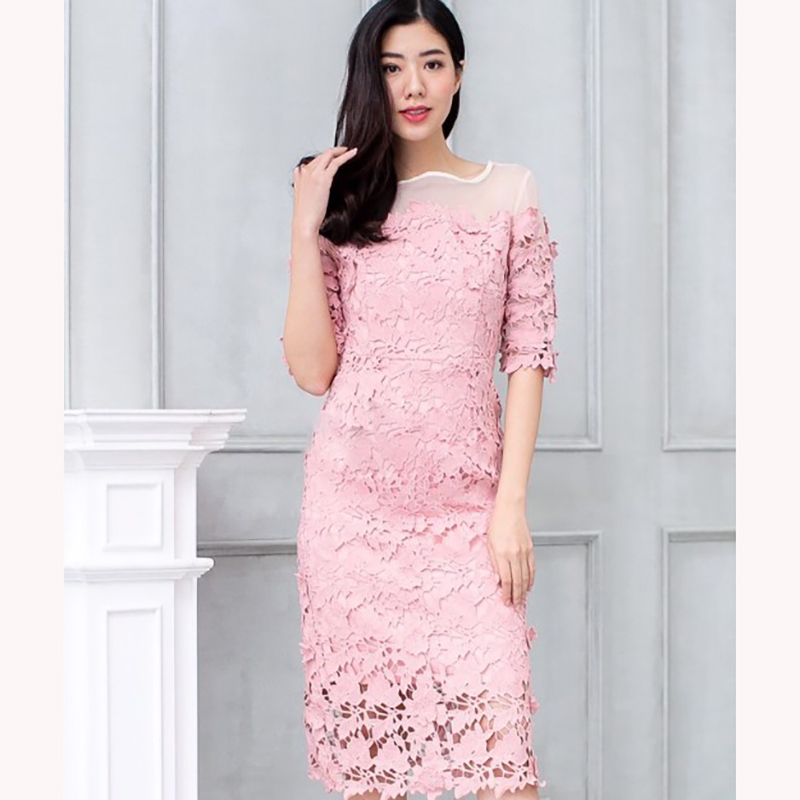 kudapy เดรสลูกไม้สีฟ้าคราม/สีฟ้า/สีชมพูกลีบบัว แขนสามส่วน ไหล่ซีทรูผ้าไหมแก้ว ผ้าลูกไม้