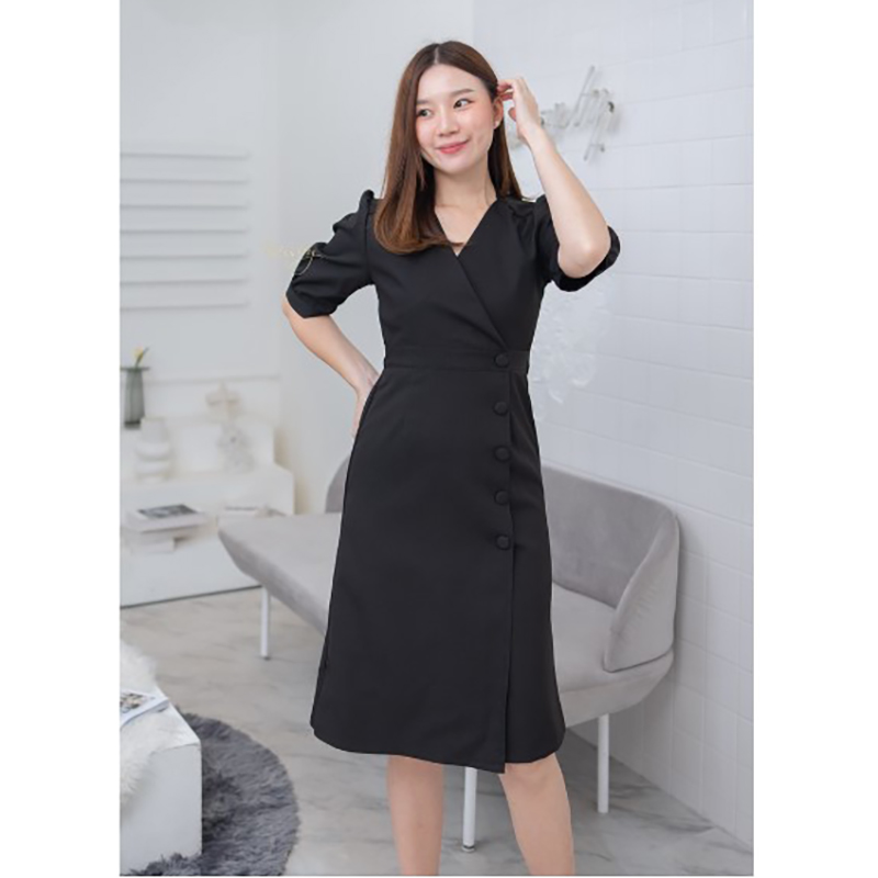 kudapy เดรสสั้นสีชมพูอ่อน,สีเหลือง,สีเขียว,สีดำ,สีชมพูนู้ด,สีแดงไวน์ ผ้านาโนเนื้อดี คอวีแขนตุ๊กตา