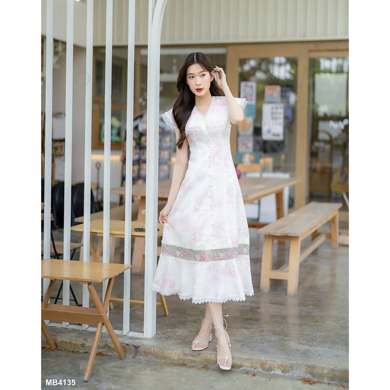 kudapy เดรสยาวคอปกแต่งระบายผ้าลูกไม้ใส่สบายสวยดูดี