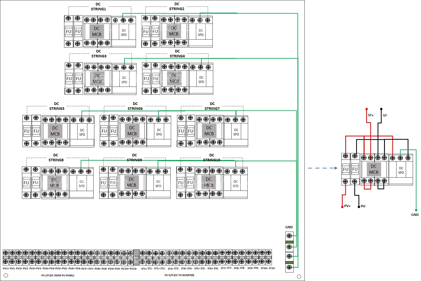 ตู้ดีซีคอมบายเนอร์ Suntree DC Combiner Box 1000V ใช้กับงานติดตั้งระบบโซล่าเซลล์ แบบ 10 สตริง 80-100 กิโลวัตต์, For Solar Cell System DC PV 10String 80-100kwp