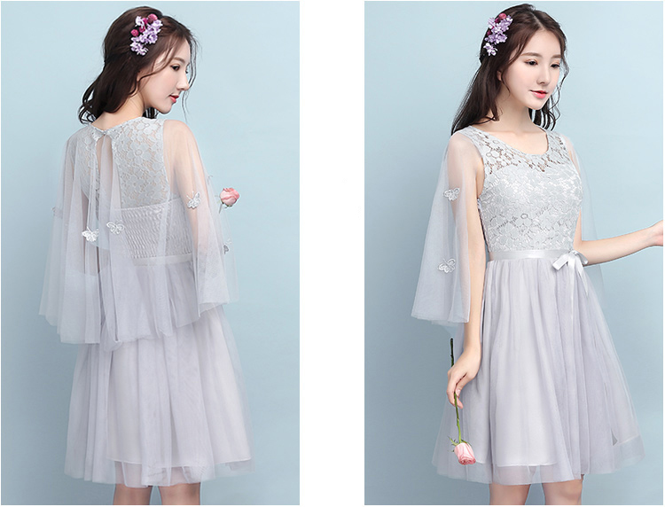 kudapy ชุดราตรีสั้นสีเทา แขนกุด แต่งโบว์ที่ไหล่ คอกลม ช่วงบนผ้าลูกไม้เย็บติดด้วยผ้าซีทรู