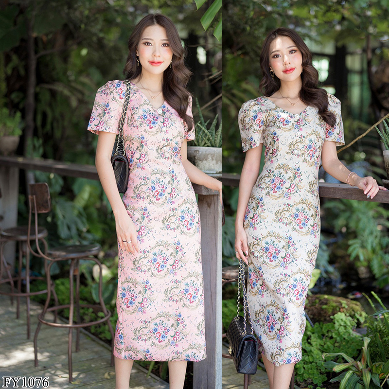 kudapy เดรสยาวสีชมพู/สีครีม แขนตุ๊กตากระดุมมุก สวยดูดี