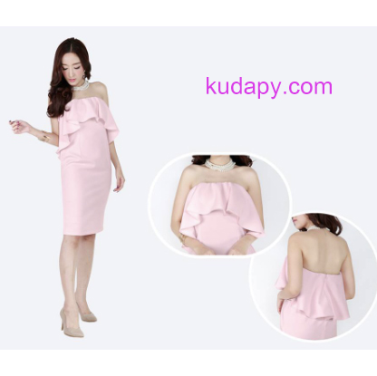 kudapy เดรสสั้นเกาะอกสีเทา,สีชมพู ผ้าฮานาโกะดีเทลเย็บระบายรอบอก กระโปรงทรงสอบ เย็บยางยืดซ่อนช่วงเหนืออก