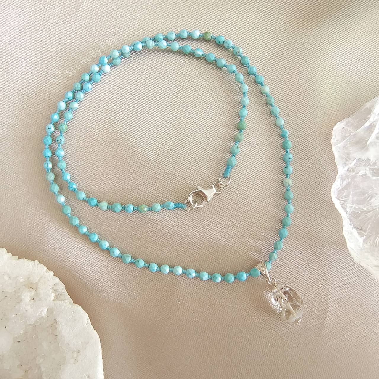สร้อยคอเชือกถักหินเทอร์ควอยส์กับจี้คริสตัลเฮอร์คิเมอร์ Turquoise+Herkimer Diamond