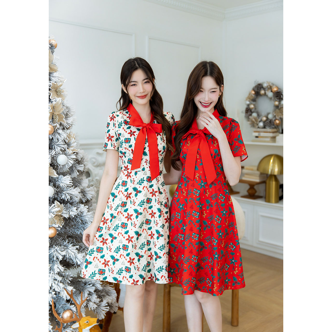 kudapy เดรสพิมพ์ลายคริสต์มาส สวยแบบลิมิเต็ด ดีเทลคอโบว์สีแดง เย็บเข้าทรงช่วงเอว ทรงสวย