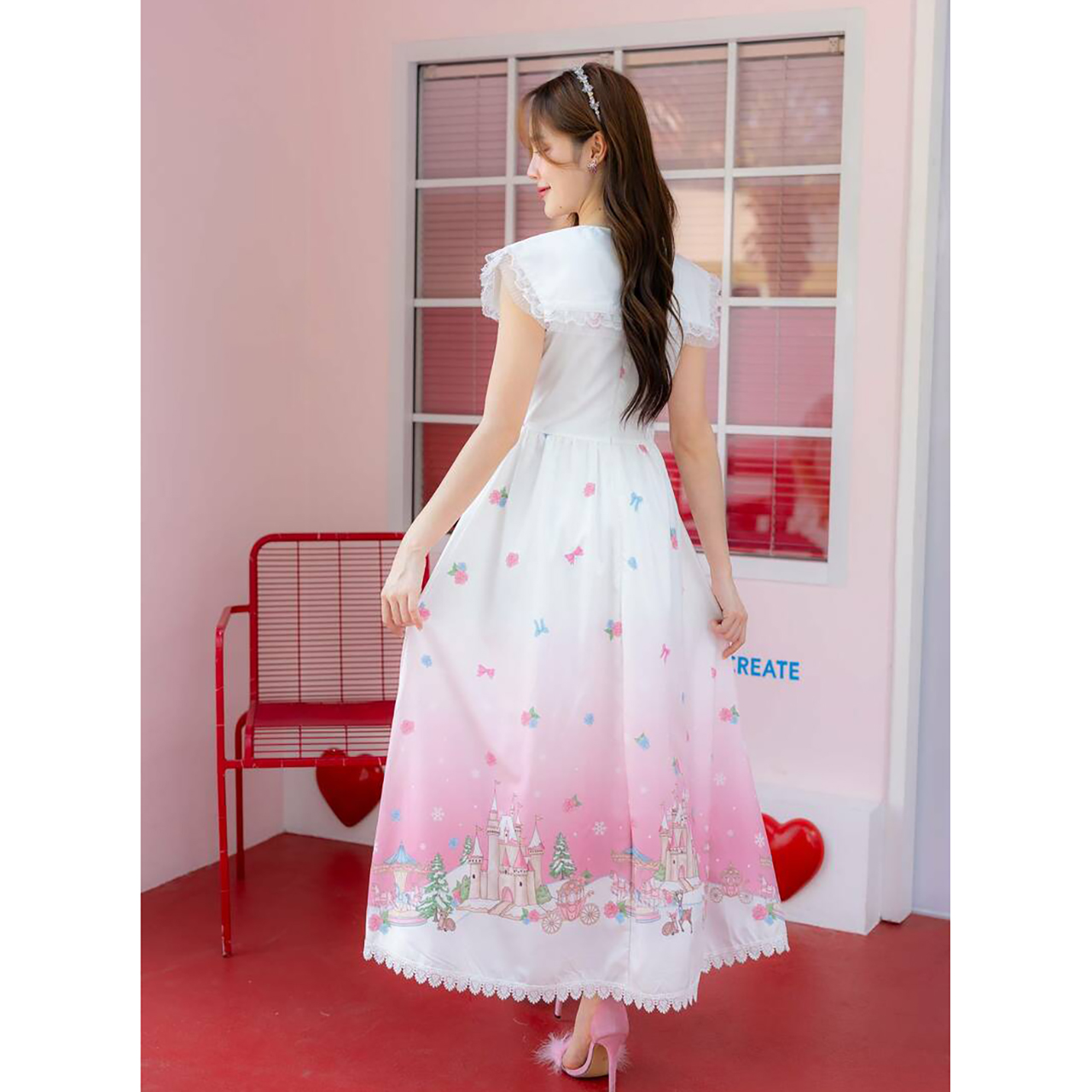 kudapy เดรสยาวสีขาวชมพู ปกกะลาสี แขนกุด ใส่ออกงานสวย