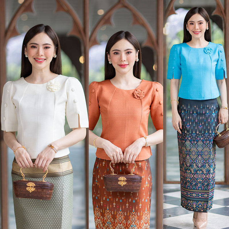 kudapy เสื้อสีขาว/สีฟ้า/สีชาไทย งานผ้าไหมฝรั่งเศสสีพื้น อัดกาวให้ทั้งตัว ทรงสวยตามแบบ (เฉพาะเสื้อ)