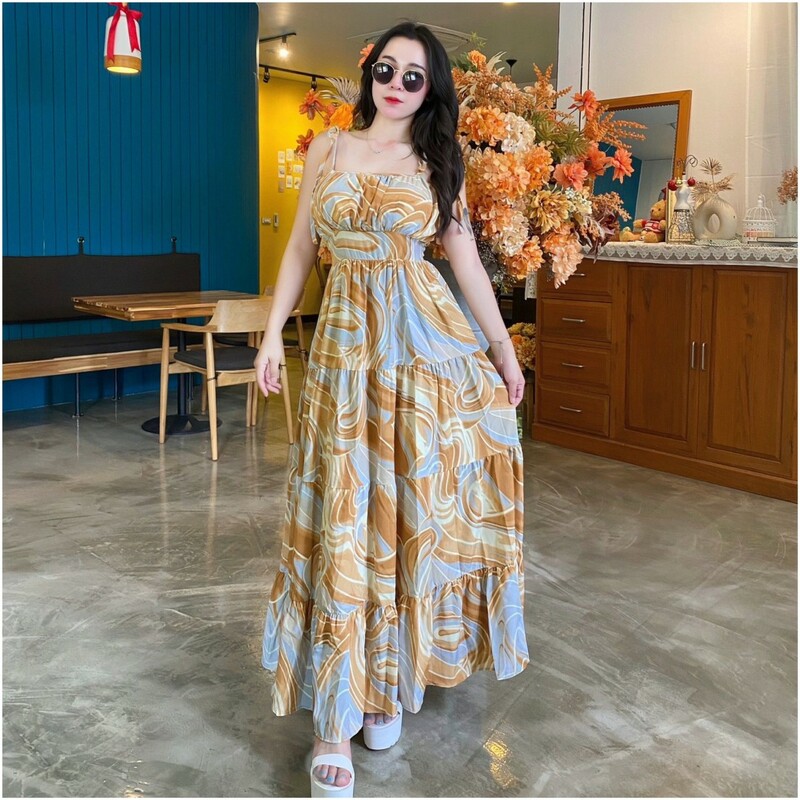kudapy แม็กซี่เดรสยาว สายเดี่ยวผูกไหล่ งานผ้าไหมอิตาลี ลายผ้าสวย ใส่ได้ตลอดไม่มี out ใส่ไปเที่ยว