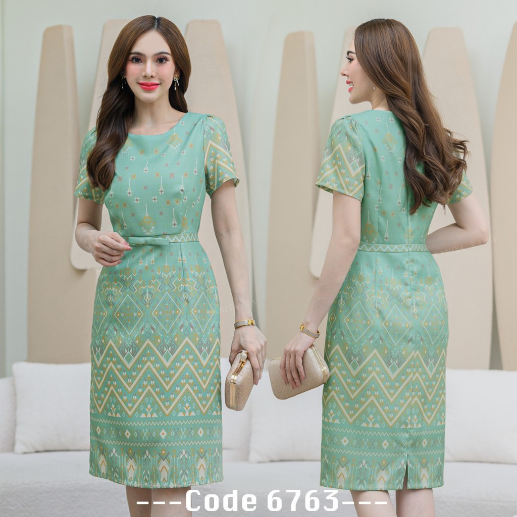 kudapy ชุดเดรสทรงสอบงานผ้าซาร่าพิมพ์ลายไทย คอกลม งานมีซับใน ชิปซ่อนหลัง (สีม่วงพาสเทล/สีเขียวพาสเทล/ สีชมพู/ สีเหลือง/สีดำ/ สีครีม/ สีมังคุด)
