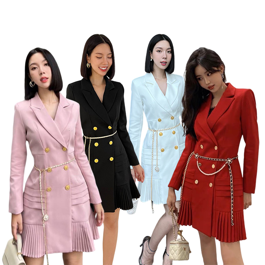 kudapy เดรสสูทกระดุมทองคอปก แขนยาว สีแดง สีชมพู สีดำ สีขาว งานสวยเรียบหรู เพิ่มความน่ารักด้วยเข็มขัด งานหนาอยู่ทรง รับประกันงานสวยจริงค่ะ