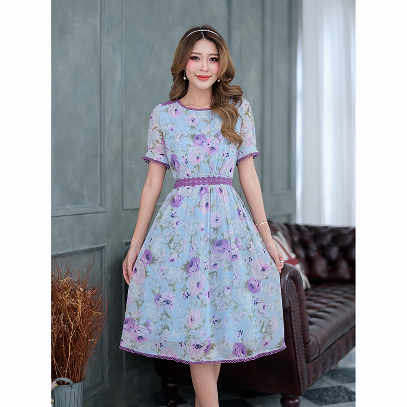 kudapy เดรสสั้นสีโทนชมพูม่วง/สีโทนฟ้าม่วง ผ้าชีฟองลายหวานงานผ้าพริ้วใส่สบาย ลำลองได้เที่ยวได้ สวยนุ่มลายสวย มีดีเทลแต่งลูกไม้คาดทั้งชุด