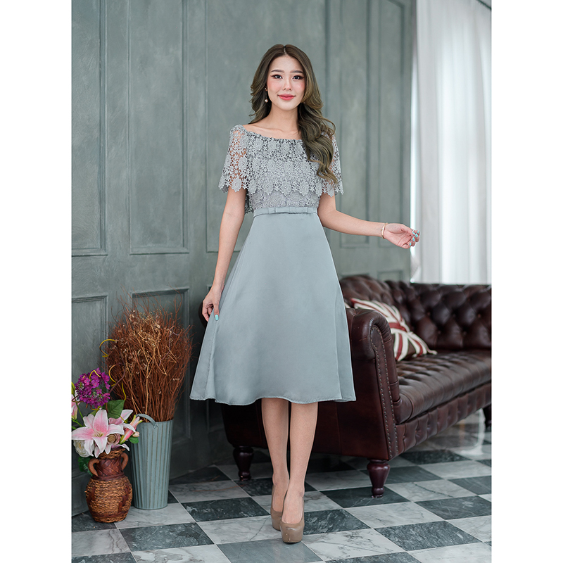 kudapy เดรสสั้นสีชมพู/สีเทา ลูกไม้คลุมไหล่ งานสวยหวานผ้าลูกไม้เนื้อดี ช่วงไหล่เป็นงานยางยืด สามารถใส่เกาะไหล่เป็นเสื้อทรงปกติ