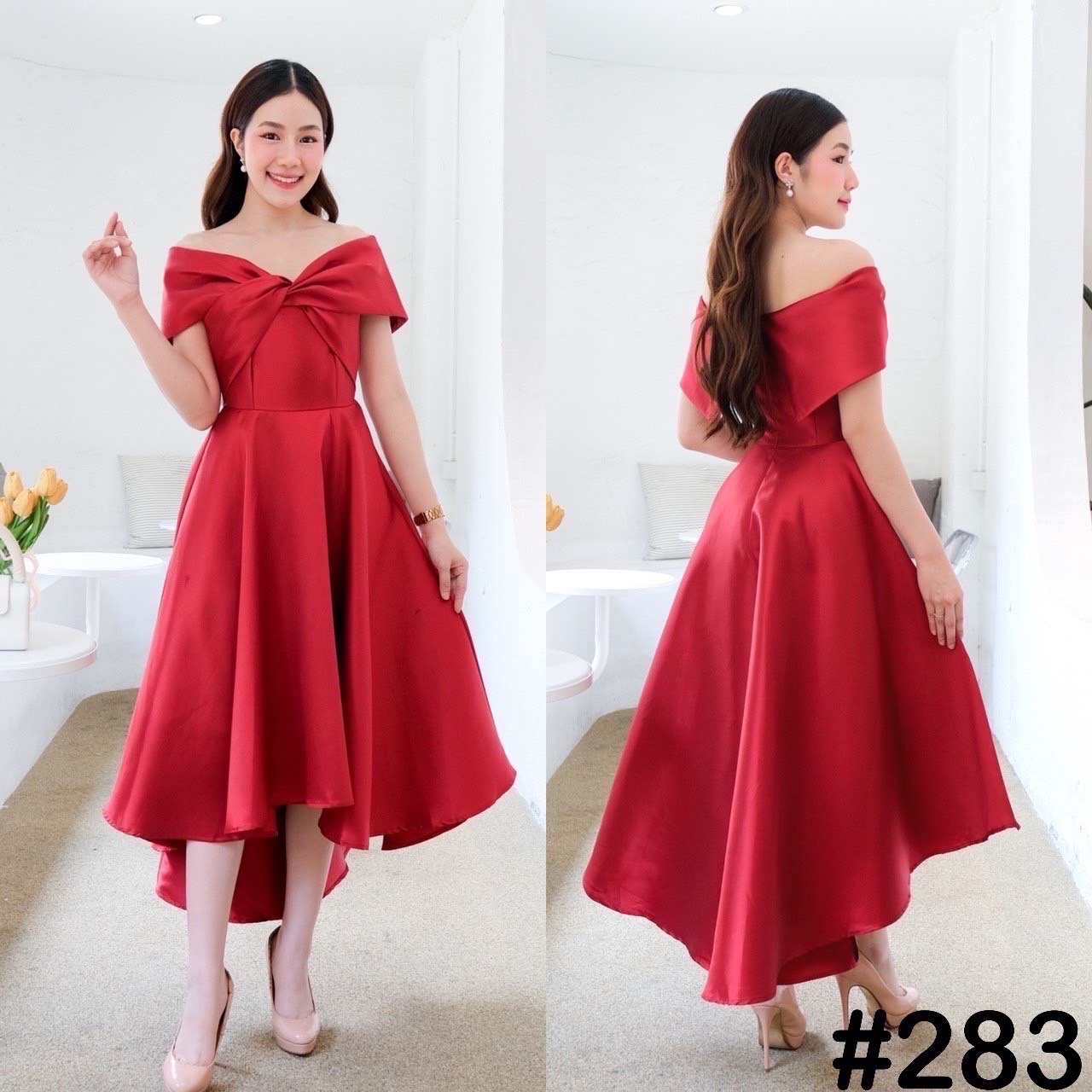 kudapy เดรสหน้าสั้นหลังยาวสีเขียว ทอง เทา ชม กรม แดง โรสโกล ขาว เปิดบ่าTwistอกใหญ่ ปิดพรางซ้อนแขน แบบอลังๆ แต่ไม่เวอร์วัง กระโปรงทรงหน้าสั้นหลังยาว