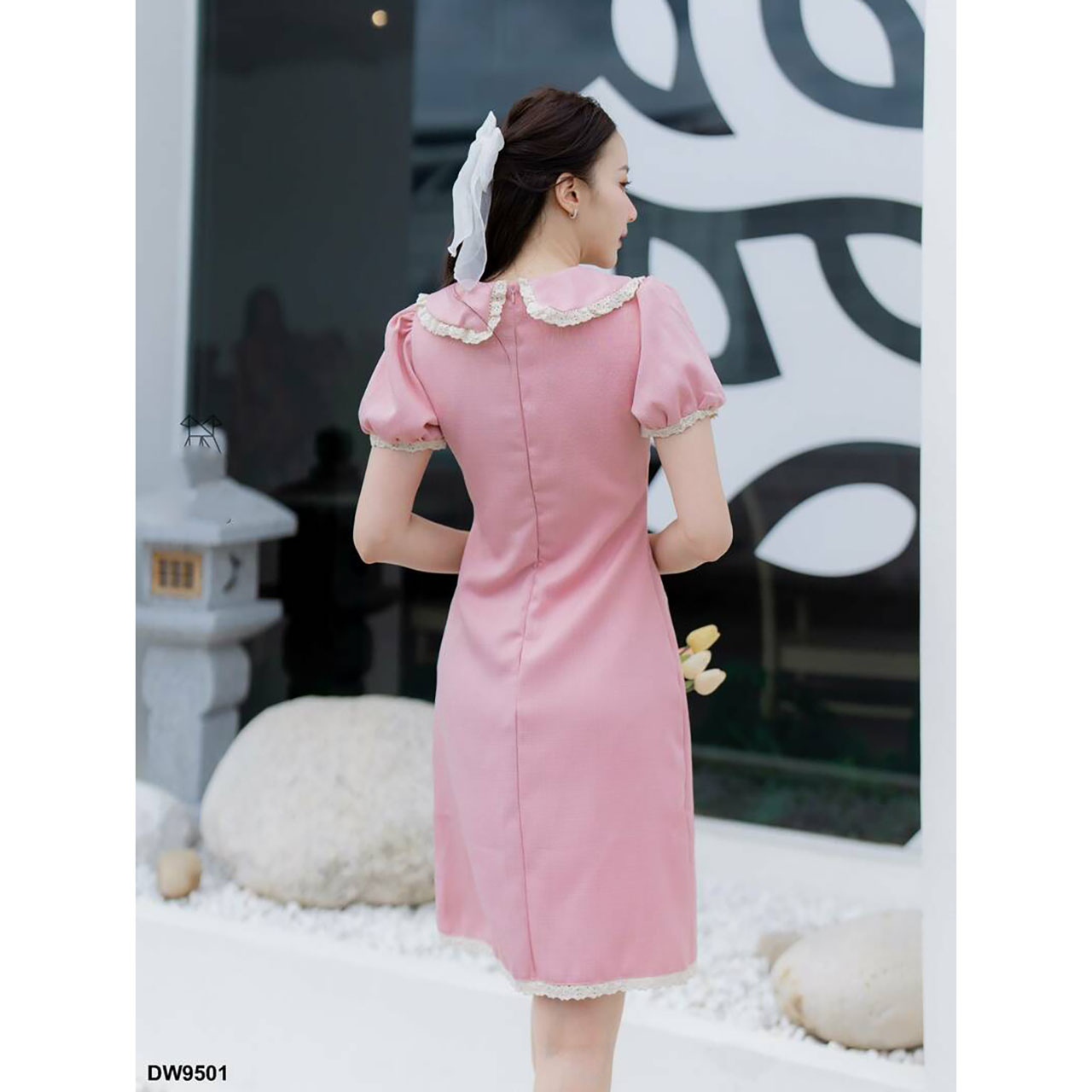 kudapy เดรสสั้สีชมพู/สีฟ้า/สีกรม คอปกแต่งลูกไม้แขนตุ๊กตา