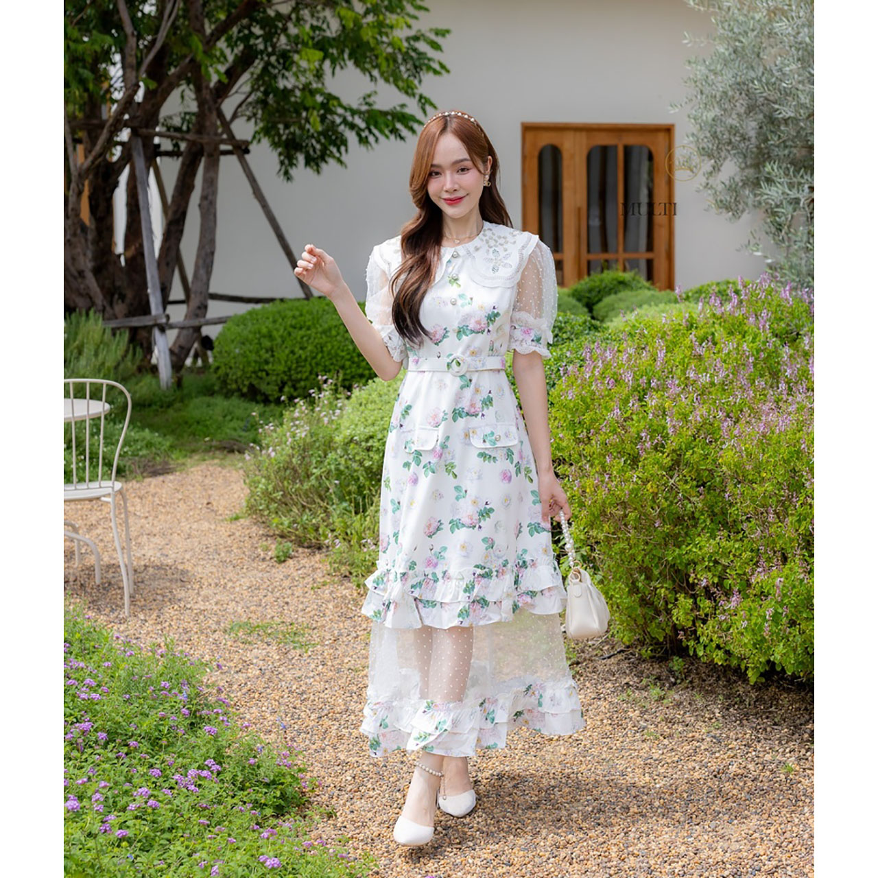 kudapy เดรสยาวสีขาว แต่งแขน+ชายกระโปรงชีฟอง ใส่เที่ยวสวยดูดี