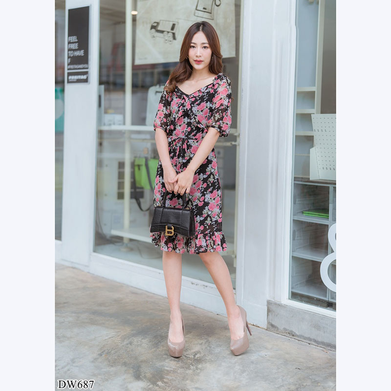 kudapy เดรสสั้นลายดอกคอเหลี่ยมสีชมพู,เขียว,ดำ ลายดอกเกาหลีสวยน่ารักสไตส์คุณหนูมากๆ