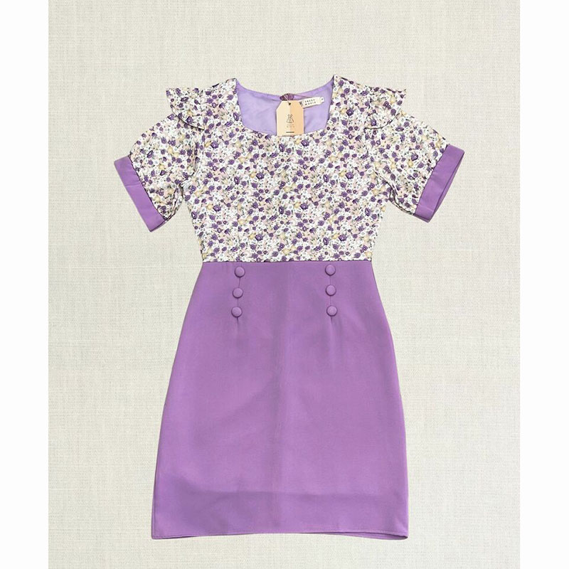 kudapy เดรสสั้นสีม่วง/สีชมพู/สีคราม แขนสั้นลายดอกมีกระดุม