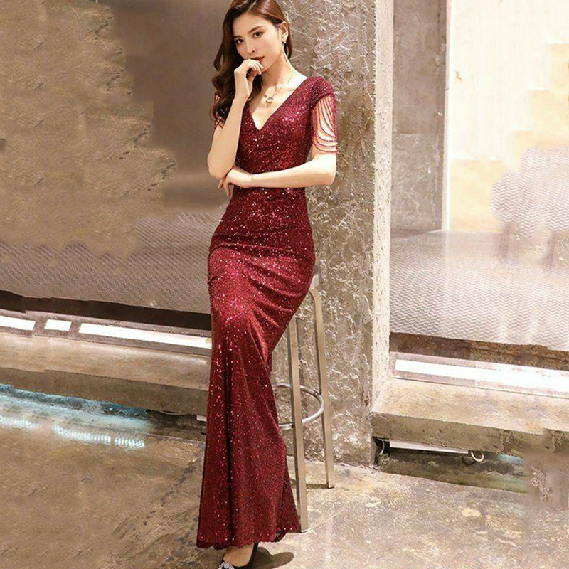 kudapy ชุดราตรียาวทรงหางปลา ผ้าปักเลื่อมสีแดง/สีครีมทอง แม๊กซี่ปักเลื่อม+เข็มขัด เลื่อมประกายแวววาวระยิบระยับสวยหรูดูแพง
