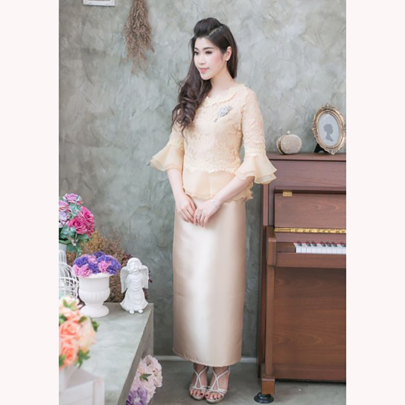 kudapy เซทออกงานเสื้อลูกไม้+กระโปรงยาว เสื้อลูกไม้แขนสามส่วนแต่งระบายผ้าไหมออแกนดี้ ไหล่และแขนซีทรู