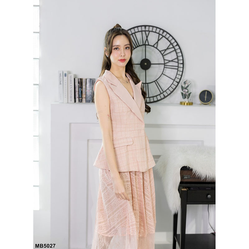 kudapy เซตเสื้อทรงสูทสีชมพู/สีขาว/สีดำ แขนกุด+กระโปรงยาวตาข่าย แต่งผ้าระบาย