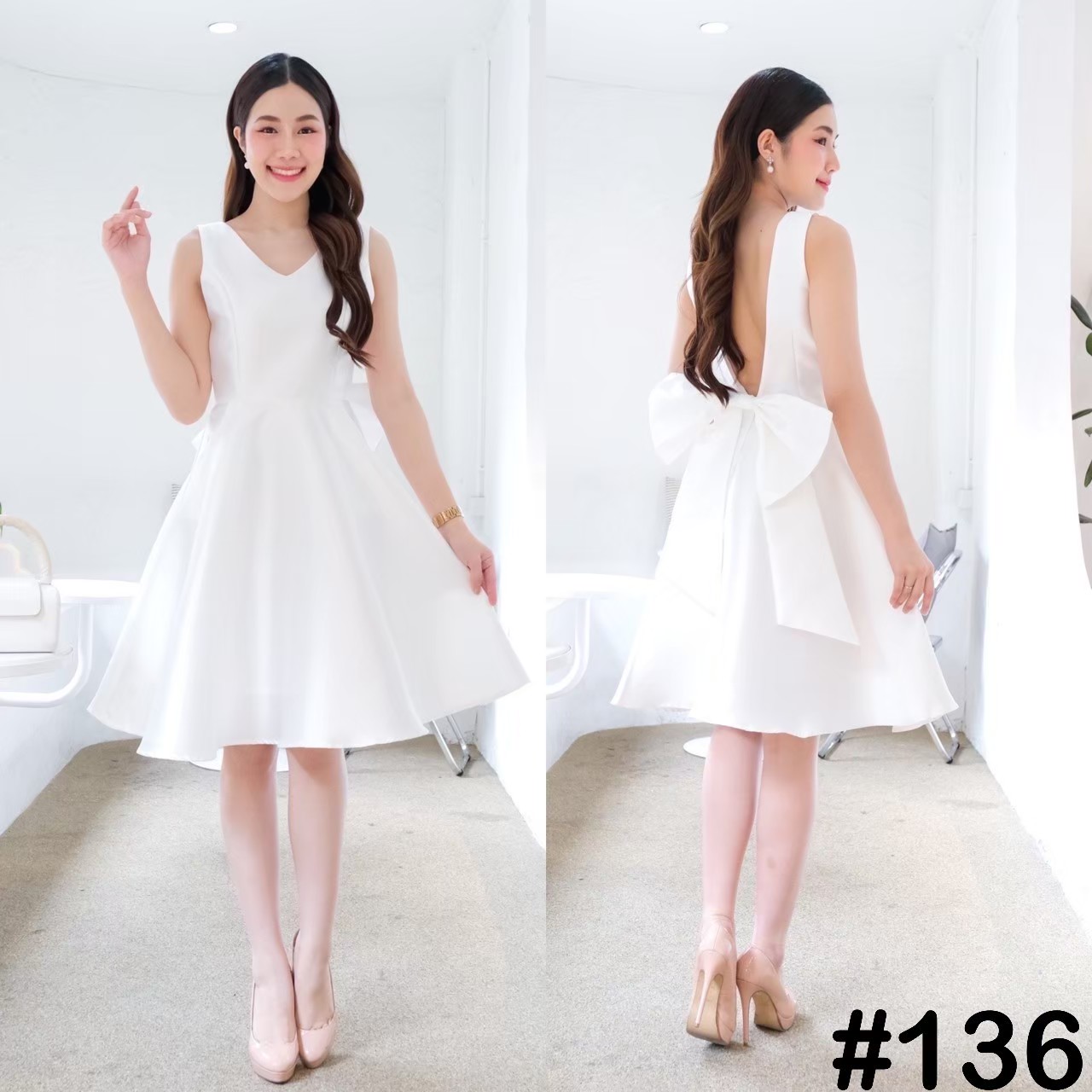 kudapy เดรสสั้น คอวี แต่งโบว์หลังยักษ์ ทรงกระโปรงฟรีสะโพก มาพร้อมกระเป๋าข้าง