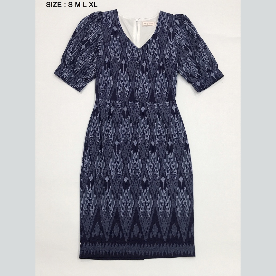 kudapy เดรสสั้นผ้าไทยพิมพ์ลายไทยสีกรมท่า เดรสคอวีทรงเอ แขนสั้นทรงตุ้กตา ซับใน ซิบหลังอย่างดีจร้า