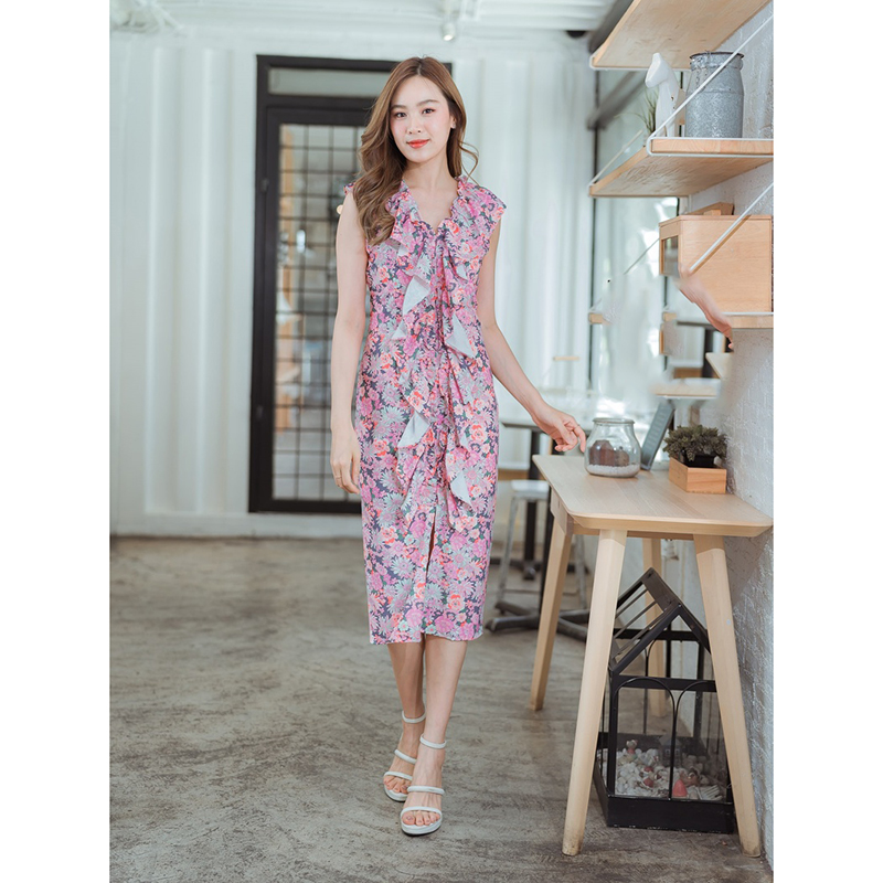 kudapy เดรสสั้นสีครีม/สีชมพู แขนกุดแต่งระบายหน้า