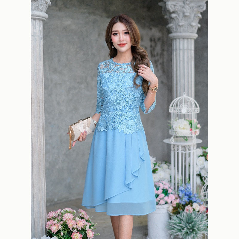 kudapy เดรสผ้าลูกไม้สั้นสีฟ้า/สีชมพูม่วงเข้ม ลูกไม้แสนสวยดีไซน์หวาน ตัดเย็บด้วยผ้าลูกไม้เนื้อเงาทอเนื้อแน่นหนาคัดเกรดอย่างดี