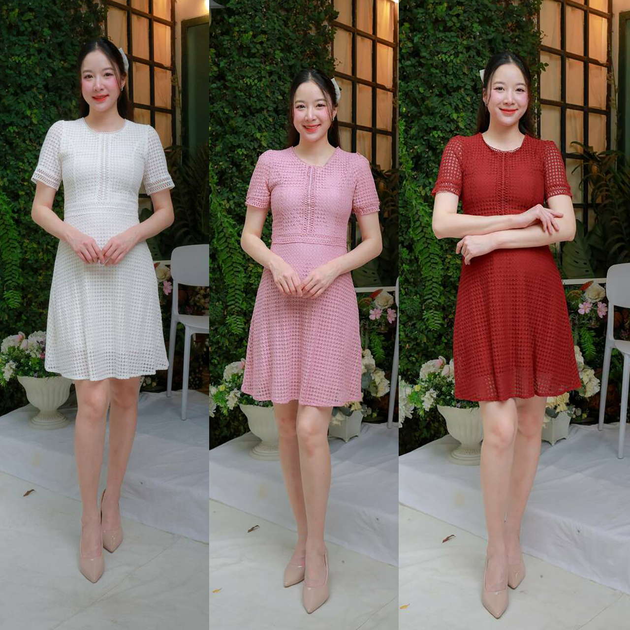 kudapy เดรสสั้นสีสีแดง ชมพู ขาว ผ้าลูกไม้ลายปัก ใส่สวยดูดี