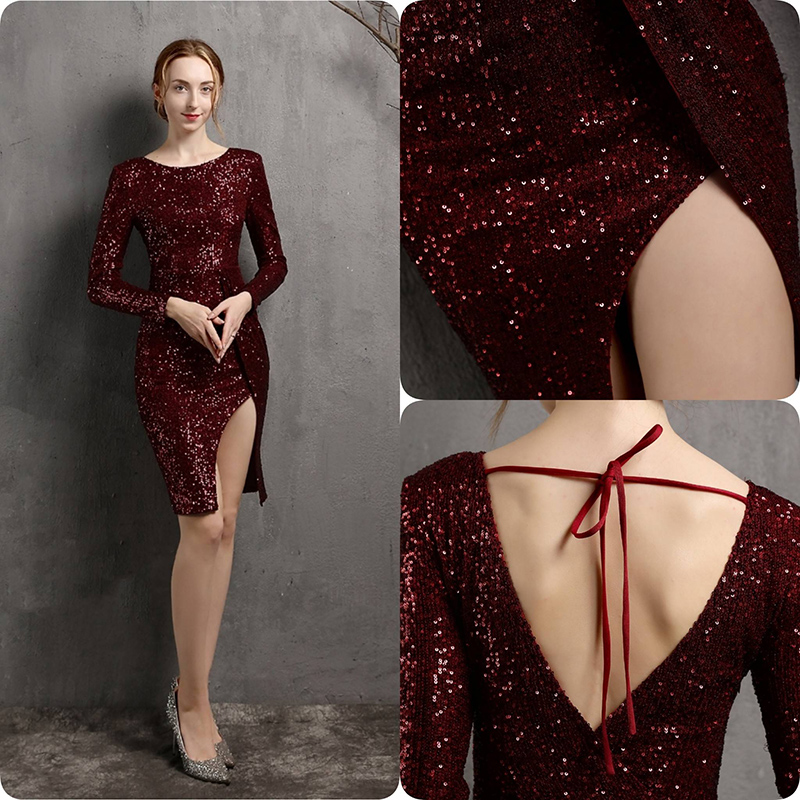 kudapy 👗 เดรสสั้นเทาเงิน , โรสโกลด์ , แดงเบอร์กันดี ออกงาน ดีไซน์แขนยาว กระโปรงเว้าสูง เนื้อผ้าปักเลื่อม เนื้อผ้ายืดเข้ารูปตามตัวใส่สวย