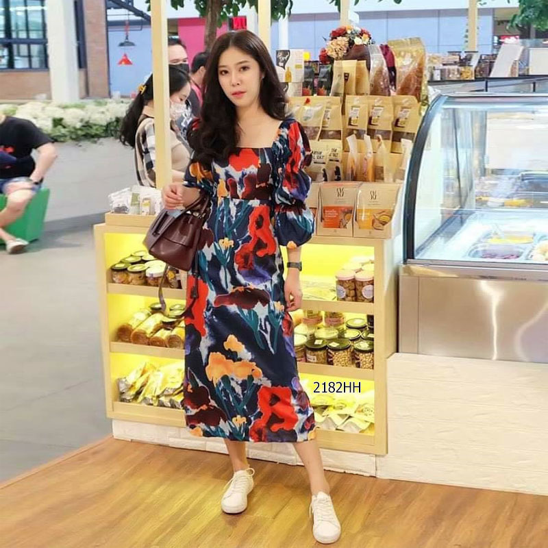 kudapy เดรสยาวสีขาว/สีแดง/สีกรม ผ้าพิมพ์ลายดอกไม้ ผ้าญี่ปุ่นเนื้อผ้าหนากำลังดีใส่เย็นสบาย ลื่นๆ